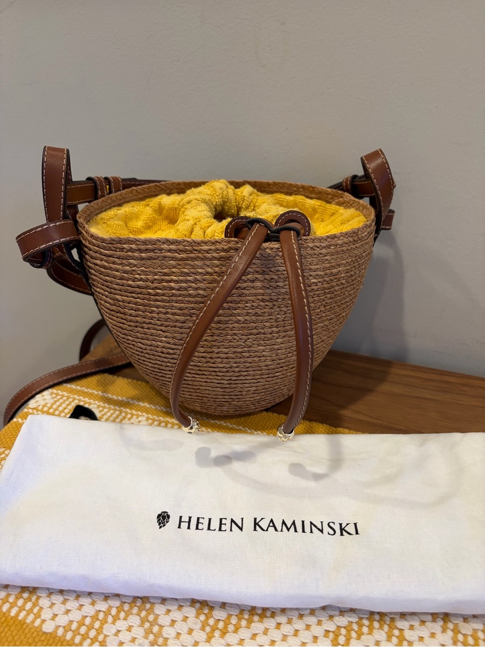 Helen Kaminski Straw Bucket Shoulder Bag with Yellow Top and Brown Trim